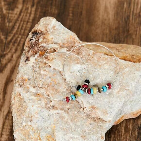 Boho Silver Tone Hoop With Beads Earrings NWT - Picture 3 of 3